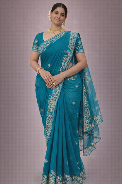Royal Teal Peacock Embroidered Saree