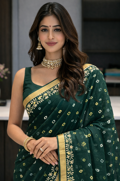 Forest Green Bandhani Embroidered Saree