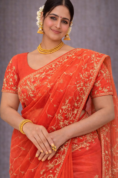 Radiant Coral Zari Grace Saree