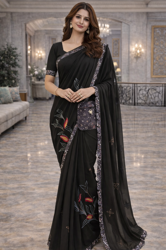 Midnight Bloom Georgette Saree with Utility Pocket
