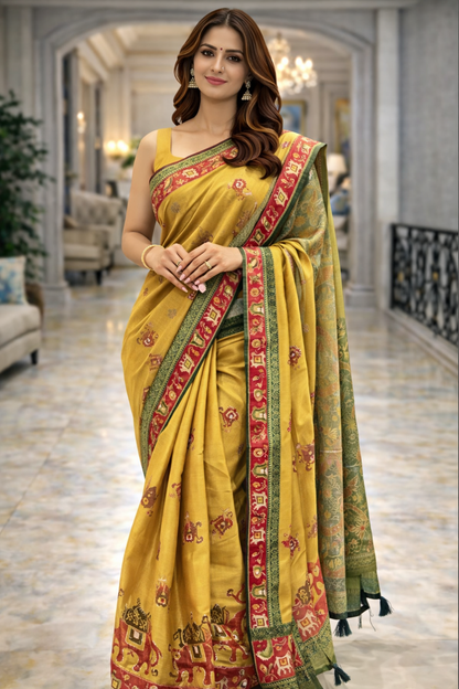 Mustard Heritage Elephant Motif Saree