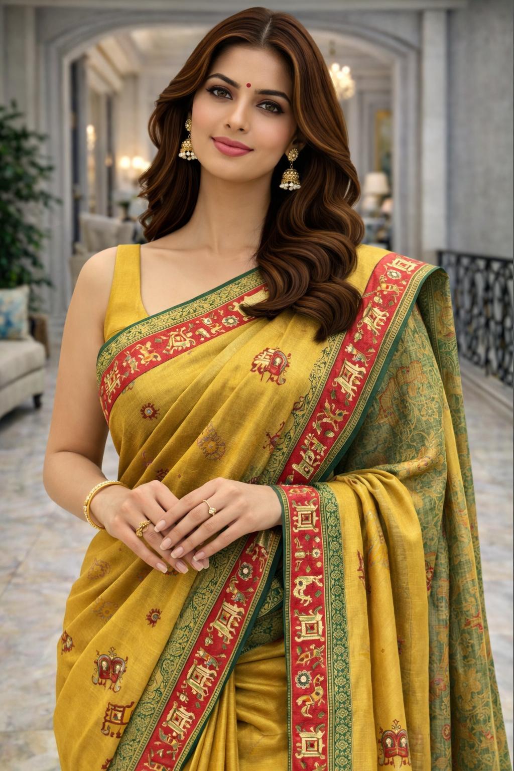 Mustard Heritage Elephant Motif Saree