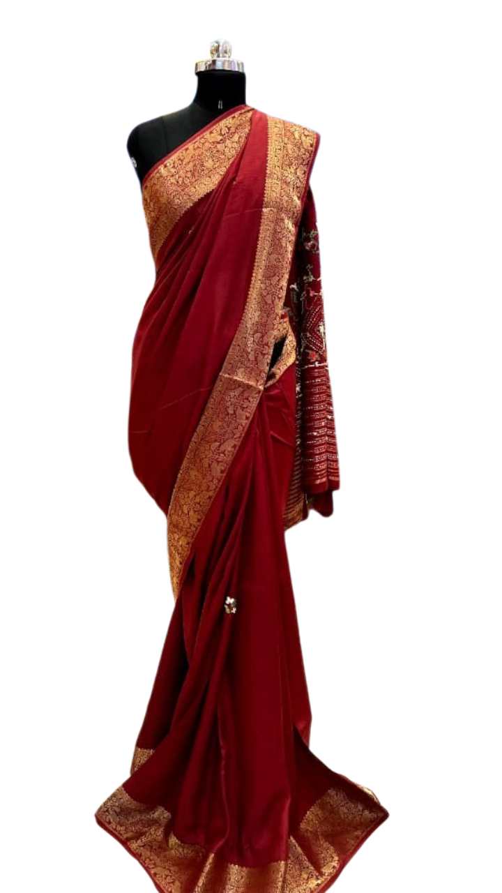 Maroon Royal Bandhani Fusion Saree