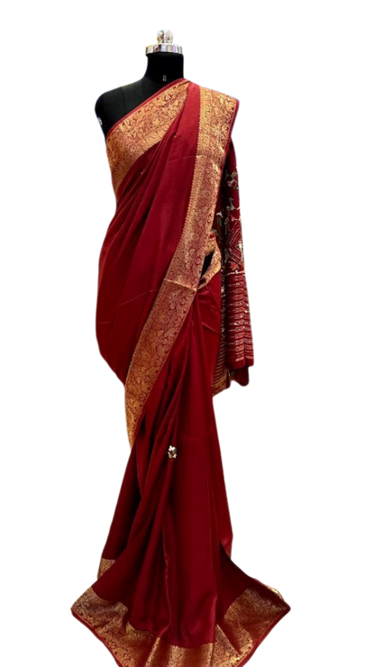 Maroon Royal Bandhani Fusion Saree