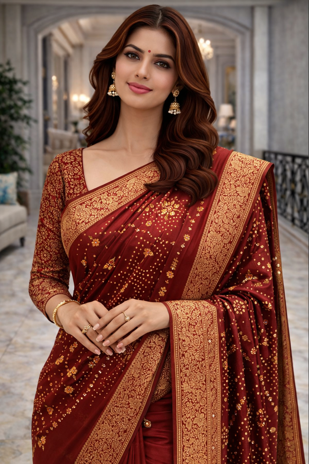 Maroon Royal Bandhani Fusion Saree