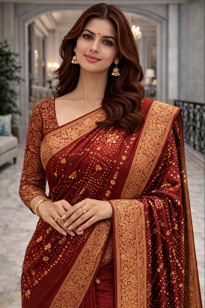 Maroon Royal Bandhani Fusion Saree