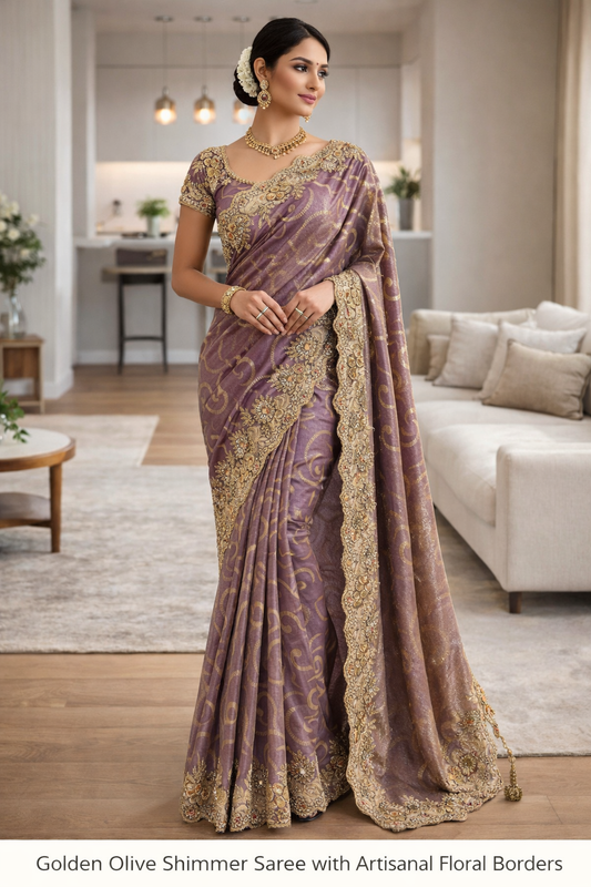 Golden Olive Shimmer Saree with Artisanal Floral Borders