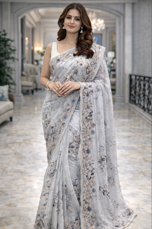 Misty Grey Floral Elegance Saree