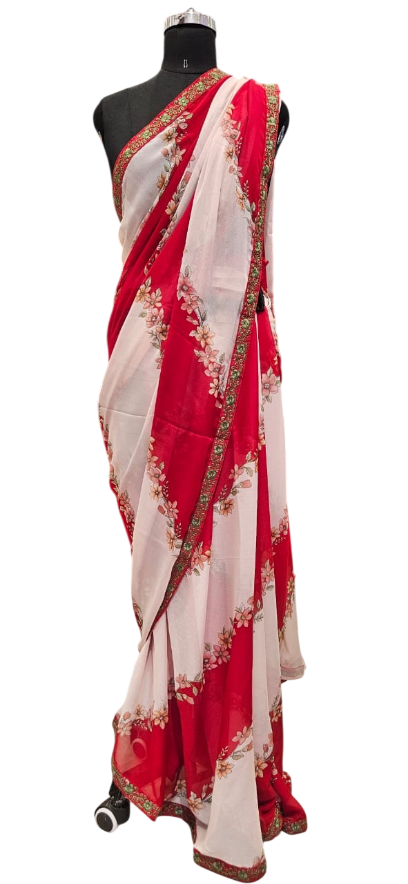 The Crimson Bloom Chiffon Saree