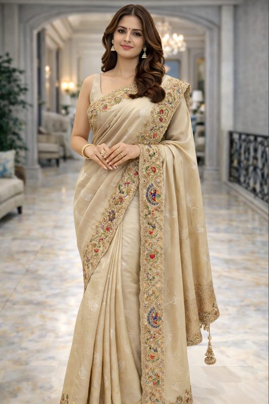 Champagne Silk Saree with Peacock Zardosi Border