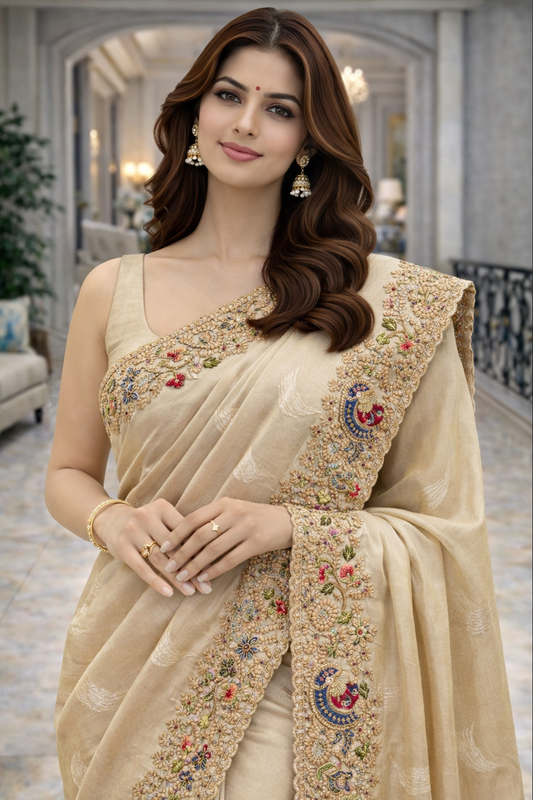 Champagne Silk Saree with Peacock Zardosi Border