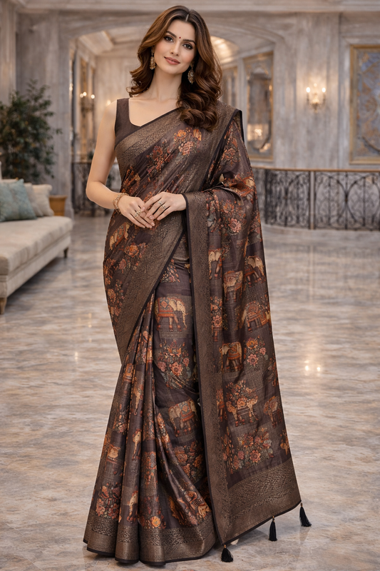 Antique Charcoal Silk Saree with Royal Pichwai Motifs