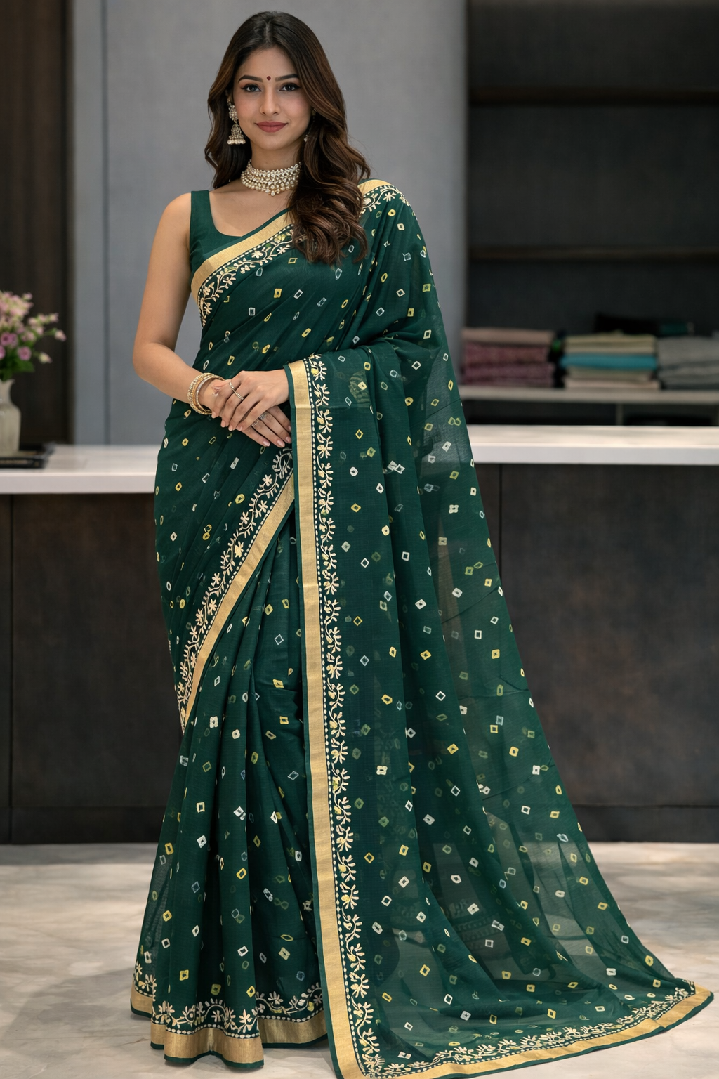 Forest Green Bandhani Embroidered Saree