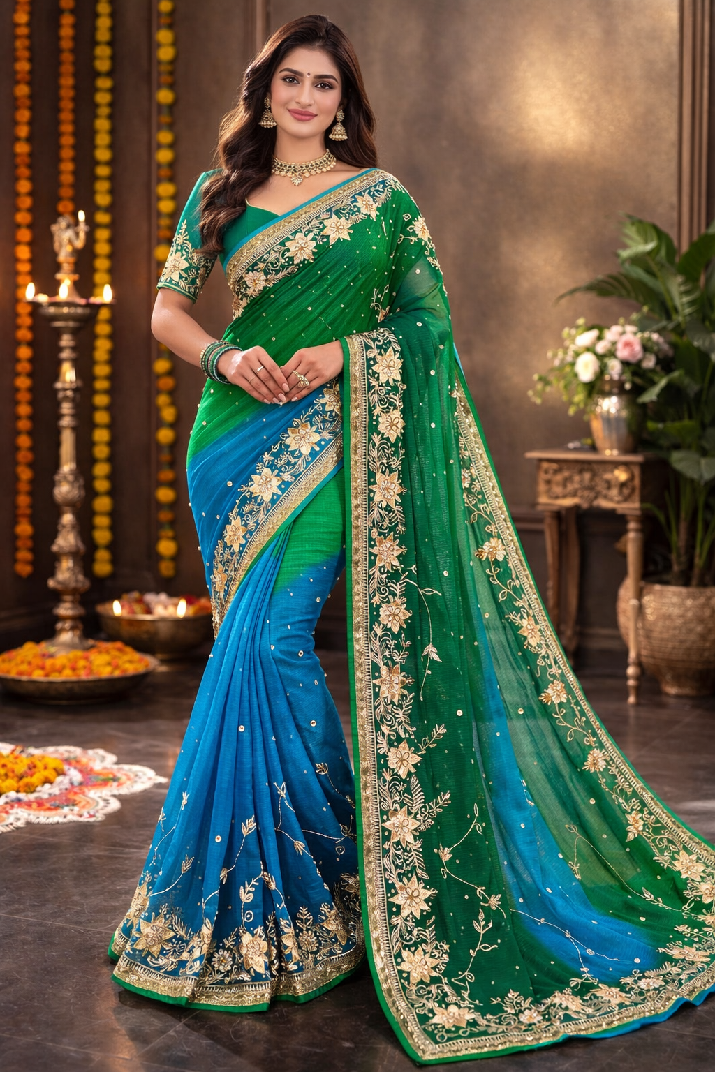 Emerald Teal Floral Embroidered Saree