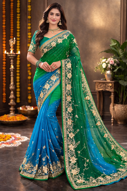 Emerald Teal Floral Embroidered Saree