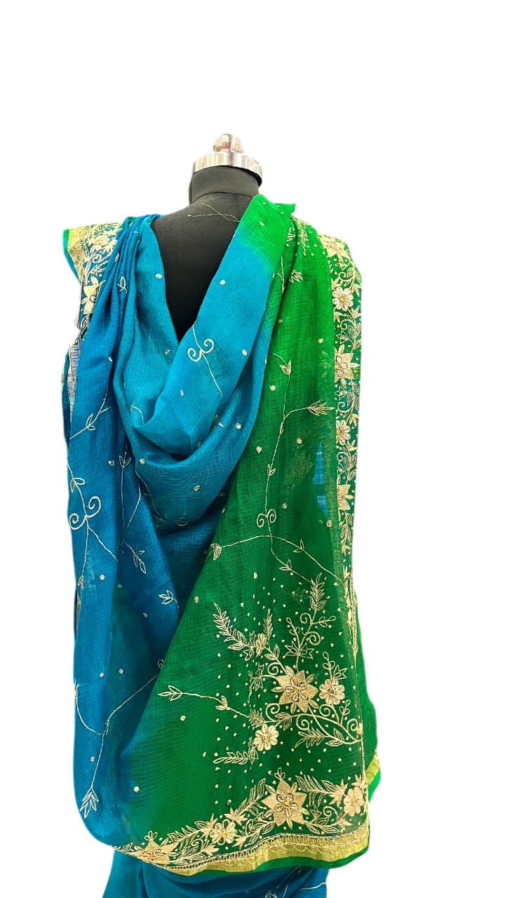 Emerald Teal Floral Embroidered Saree