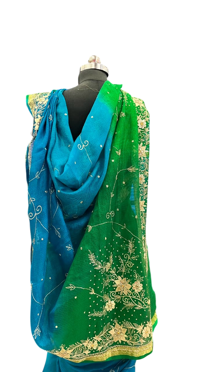 Emerald Teal Floral Embroidered Saree