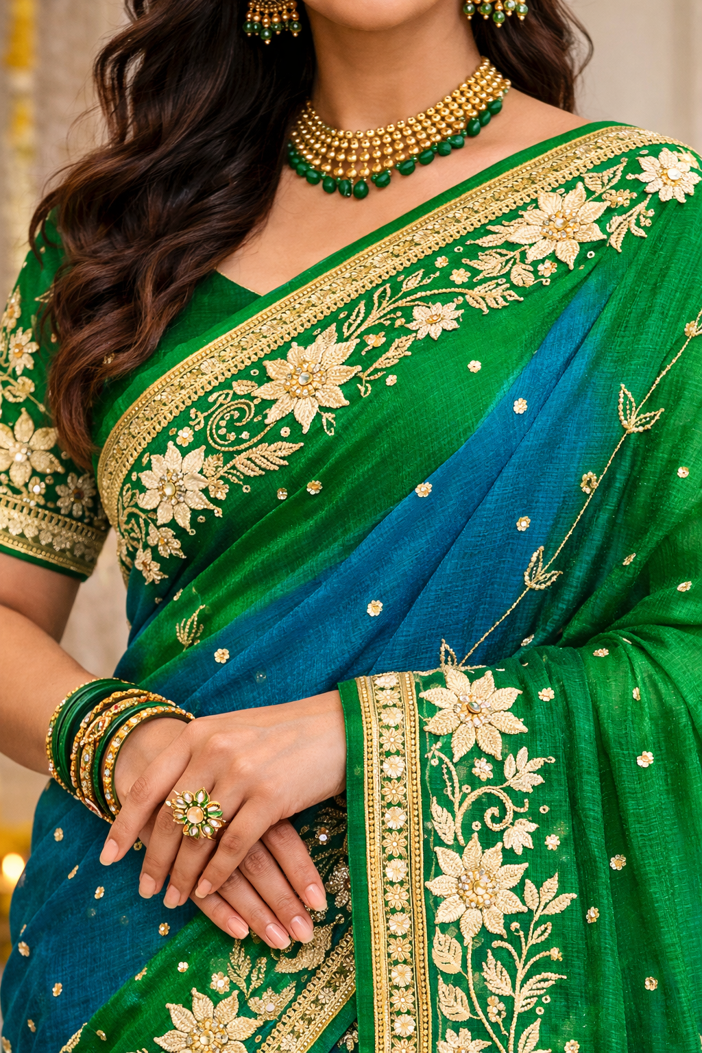 Emerald Teal Floral Embroidered Saree