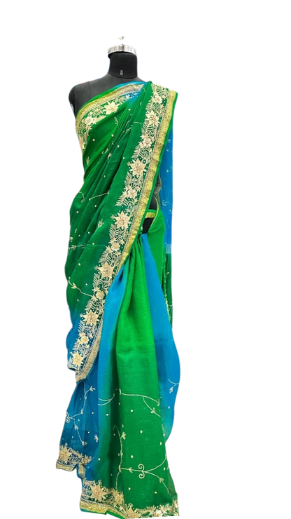 Emerald Teal Floral Embroidered Saree
