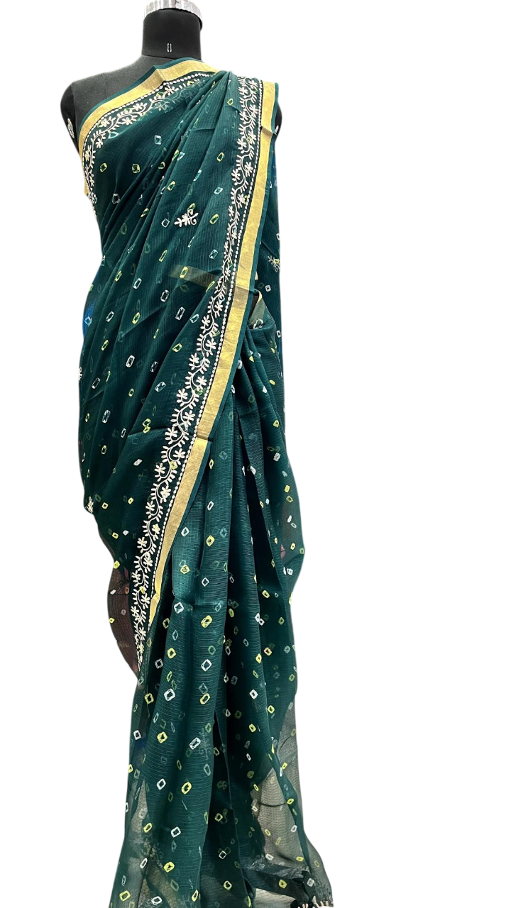 Forest Green Bandhani Embroidered Saree