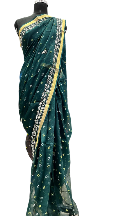Forest Green Bandhani Embroidered Saree