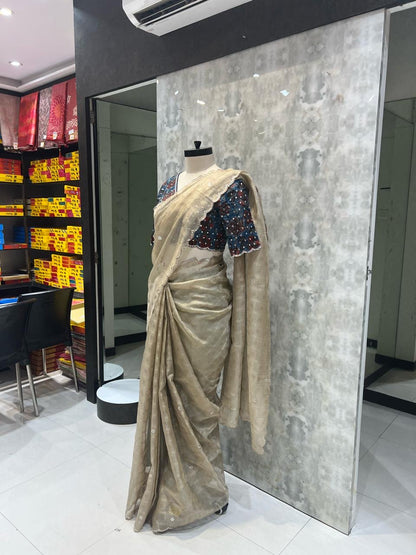 The Ivory Shimmer & Indigo Ajrakh Saree With Stitch Blouse (1005)