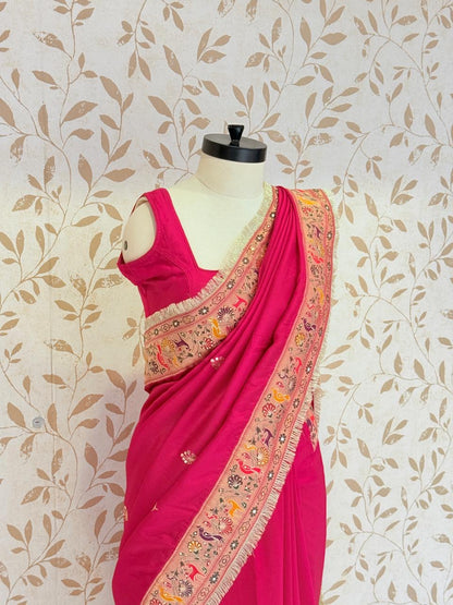 Kalamkari border Plain silk  saree (1002)