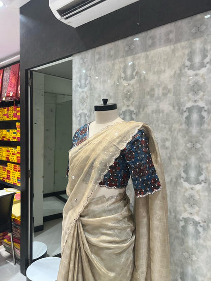 The Ivory Shimmer & Indigo Ajrakh Saree With Stitch Blouse (1005)