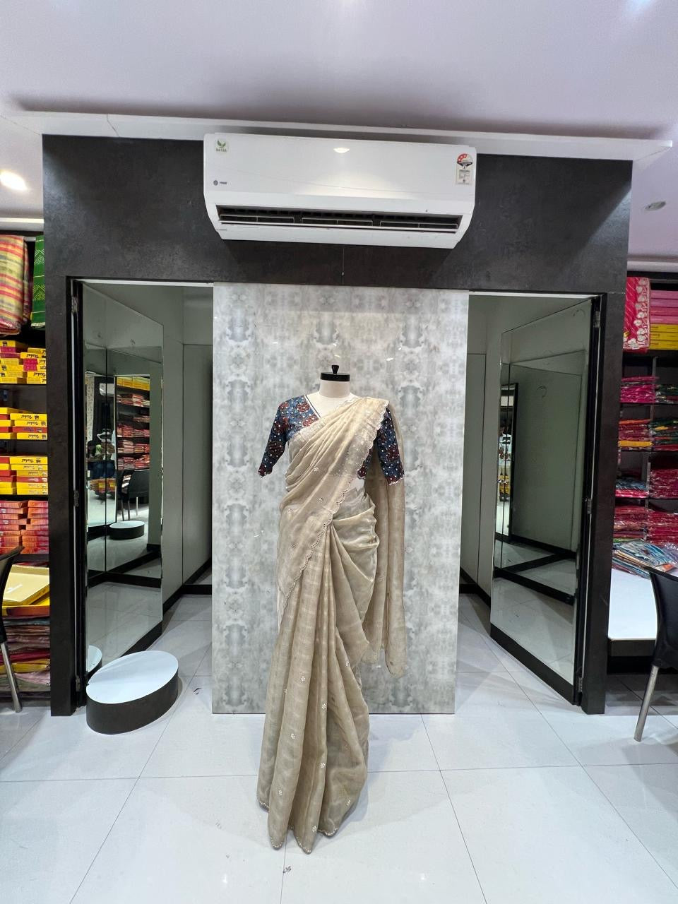 The Ivory Shimmer & Indigo Ajrakh Saree With Stitch Blouse (1005)
