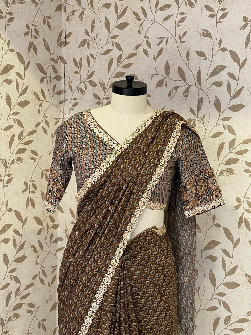 The Cocoa Ajrakh Heritage Saree With Stitch Blouse (1003)