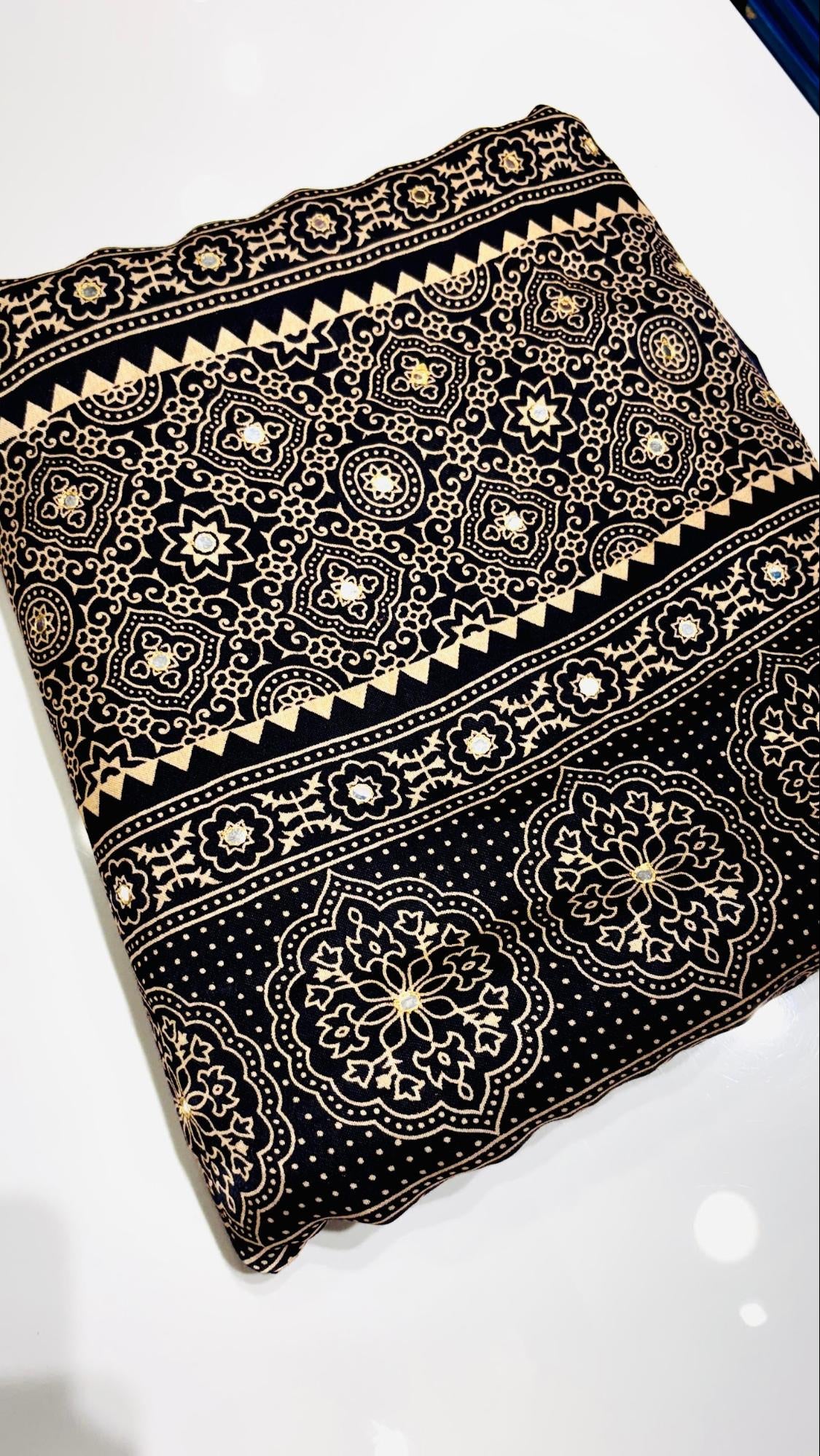 The Crimson Velvet & Ajrakh print with mirror work