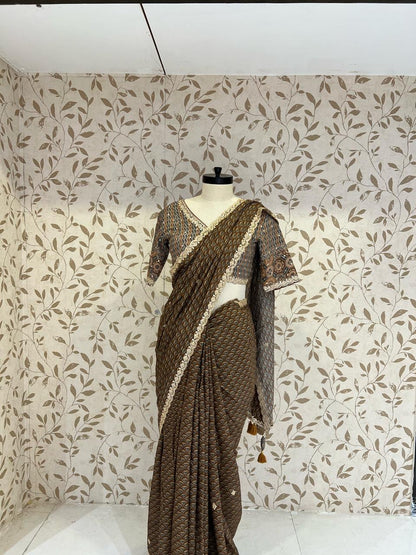 The Cocoa Ajrakh Heritage Saree With Stitch Blouse (1003)