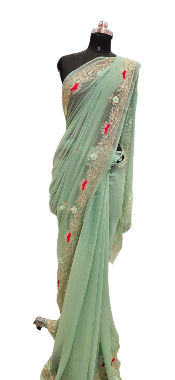 Mint Blossom Embroidered Saree