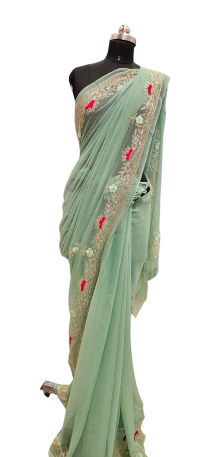 Mint Blossom Embroidered Saree