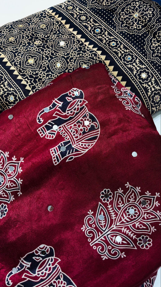 The Crimson Velvet & Ajrakh print with mirror work