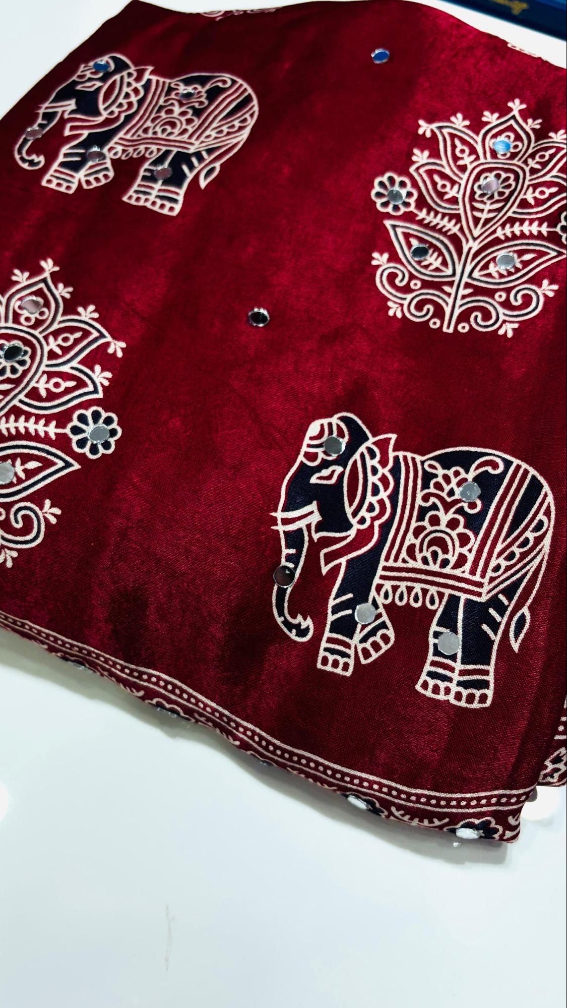 The Crimson Velvet & Ajrakh print with mirror work