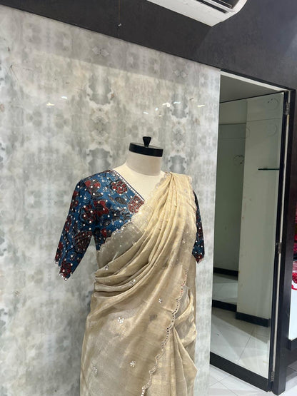 The Ivory Shimmer & Indigo Ajrakh Saree With Stitch Blouse (1005)