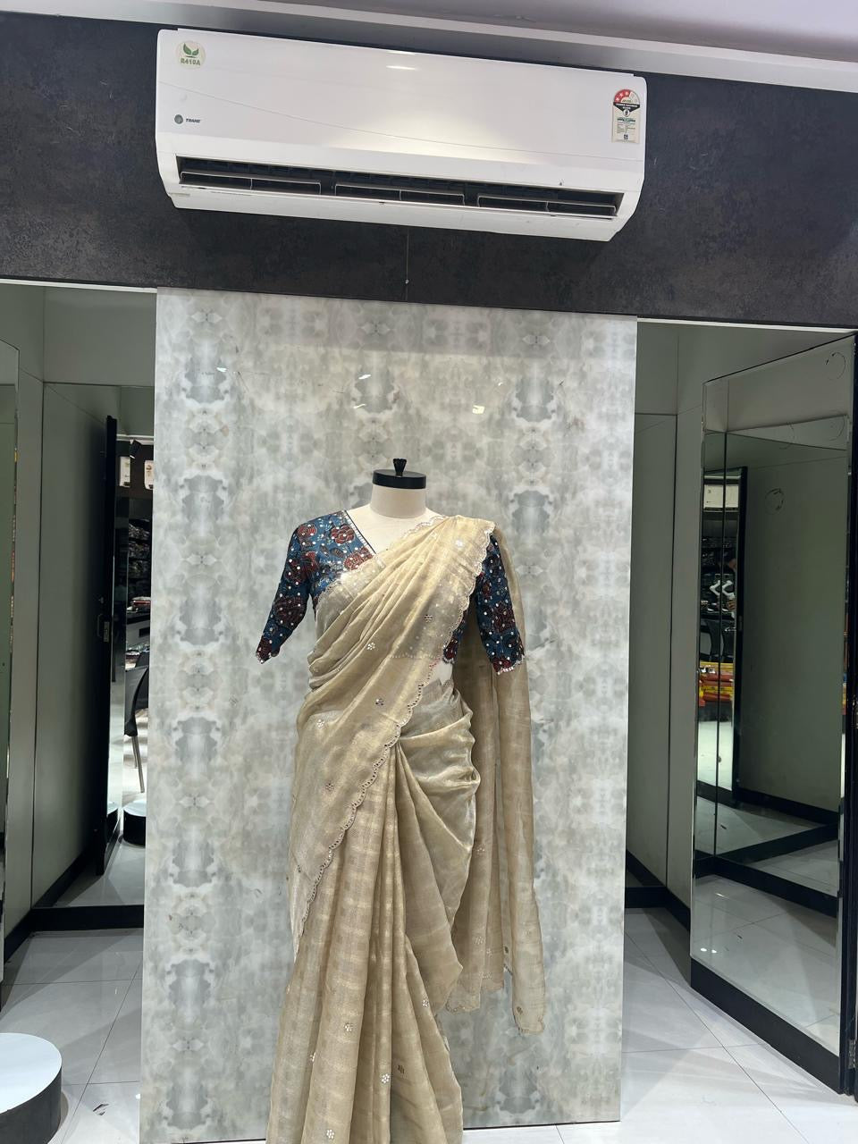 The Ivory Shimmer & Indigo Ajrakh Saree With Stitch Blouse (1005)