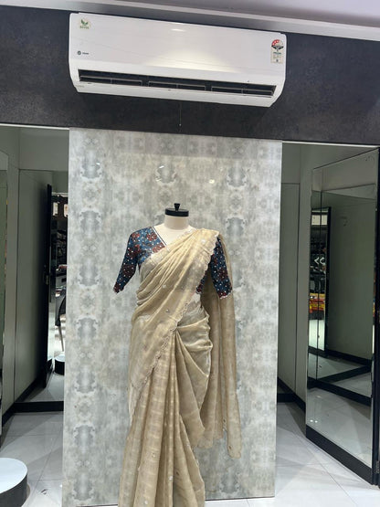 The Ivory Shimmer & Indigo Ajrakh Saree With Stitch Blouse (1005)