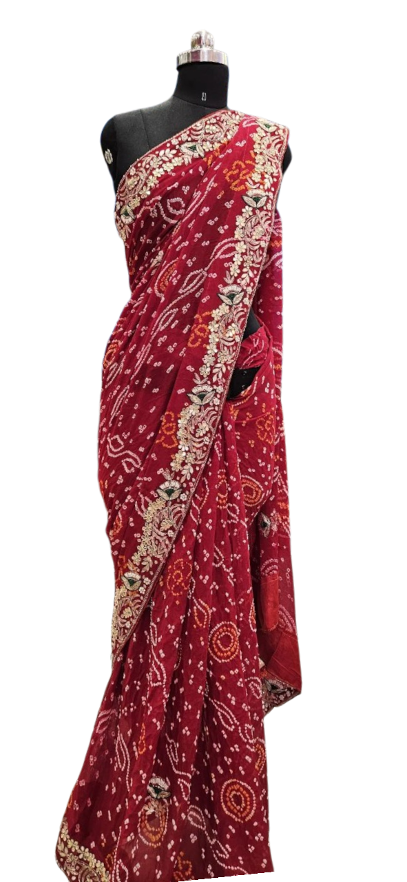 Royal Maroon Bandhani  Embroidered Saree