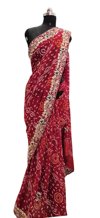 Royal Maroon Bandhani  Embroidered Saree