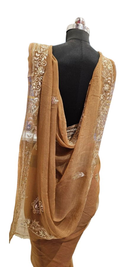 Mocha Elegance Embroidered Saree