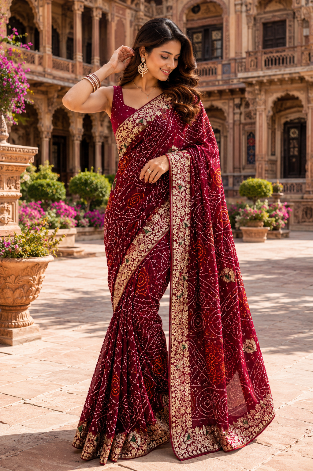 Royal Maroon Bandhani  Embroidered Saree