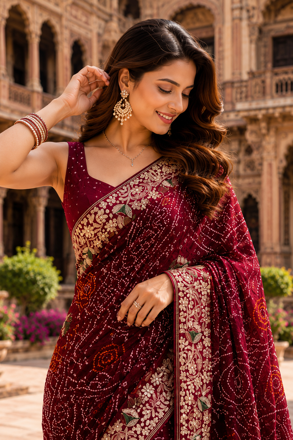 Royal Maroon Bandhani  Embroidered Saree