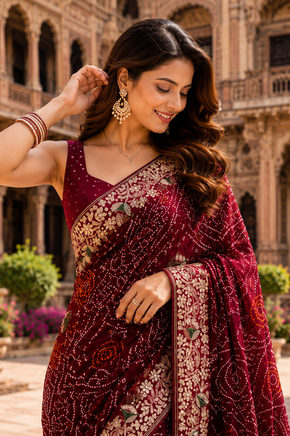 Royal Maroon Bandhani  Embroidered Saree