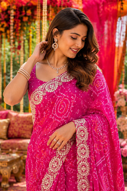 Rani Pink Bandhani Mirrorwork Saree