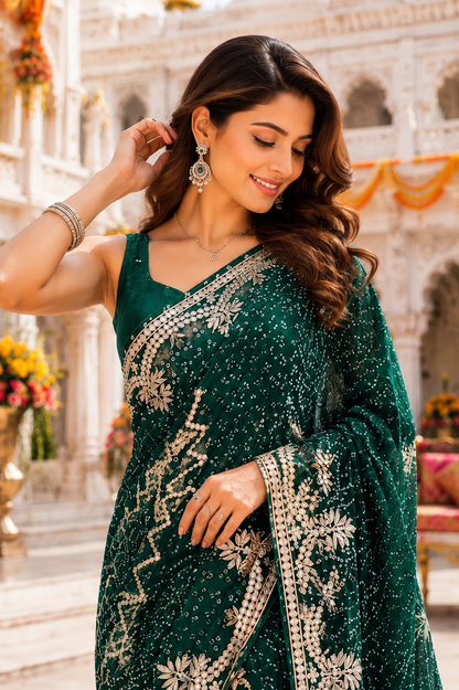Emerald Green Bandhani Embroidered Saree