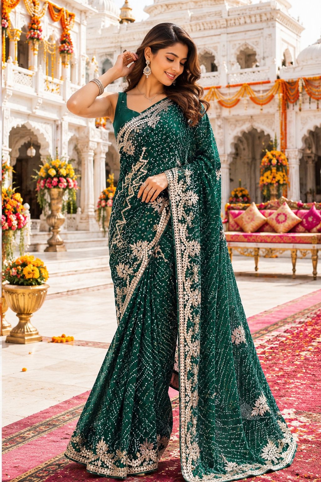 Emerald Green Bandhani Embroidered Saree
