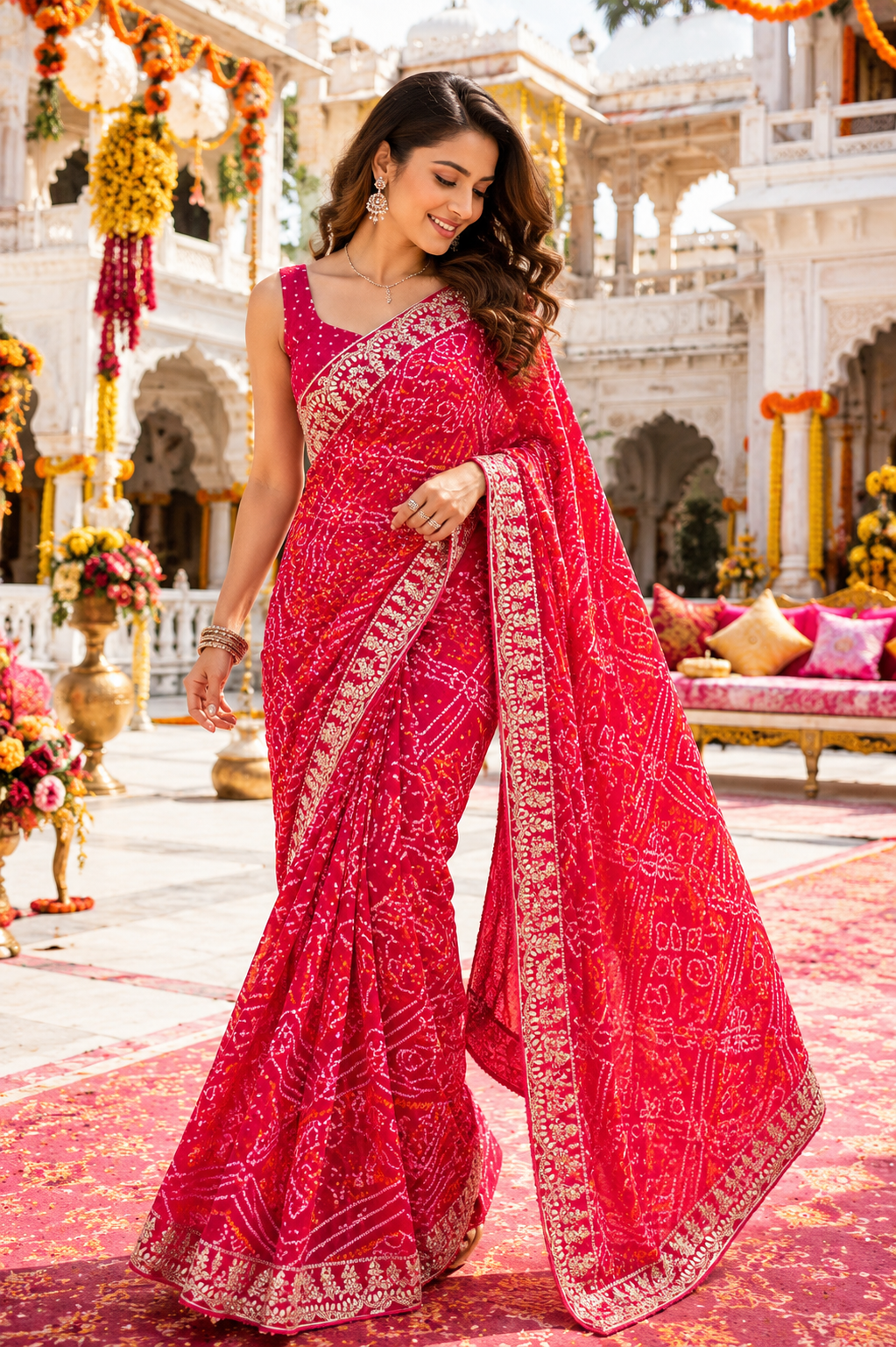 Rani Red Bandhani Embroidered Saree