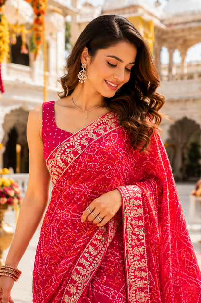 Rani Red Bandhani Embroidered Saree